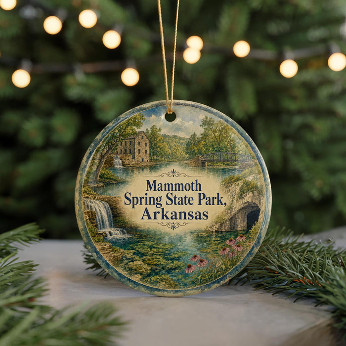A decorative ornament featuring a scenic image of Mammoth Spring State Park in Arkansas, with a waterfall and a bridge in the background.