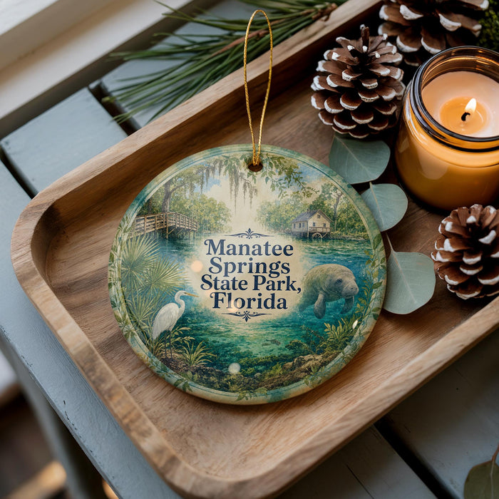 A decorative ornament featuring a scenic image of Manatee Springs State Park, Florida, with a candle and pine cones on a wooden tray.