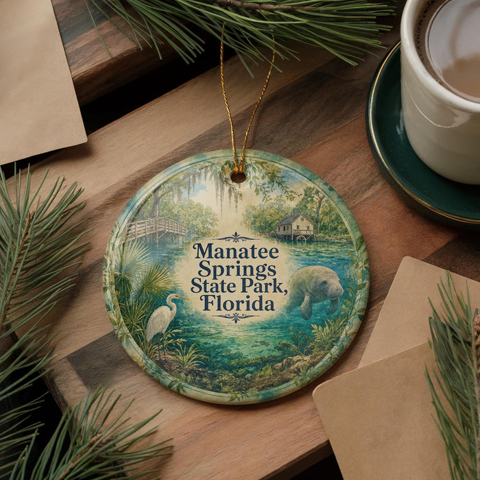 A circular ornament with a painting of a manatee and a bridge, surrounded by pine branches and a cup of coffee on a wooden surface.