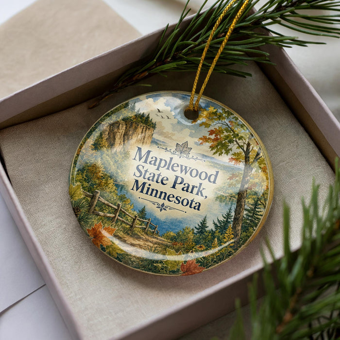 A decorative ornament in a box, featuring a scenic landscape with a mountain, pine trees, and a path leading through the woods.