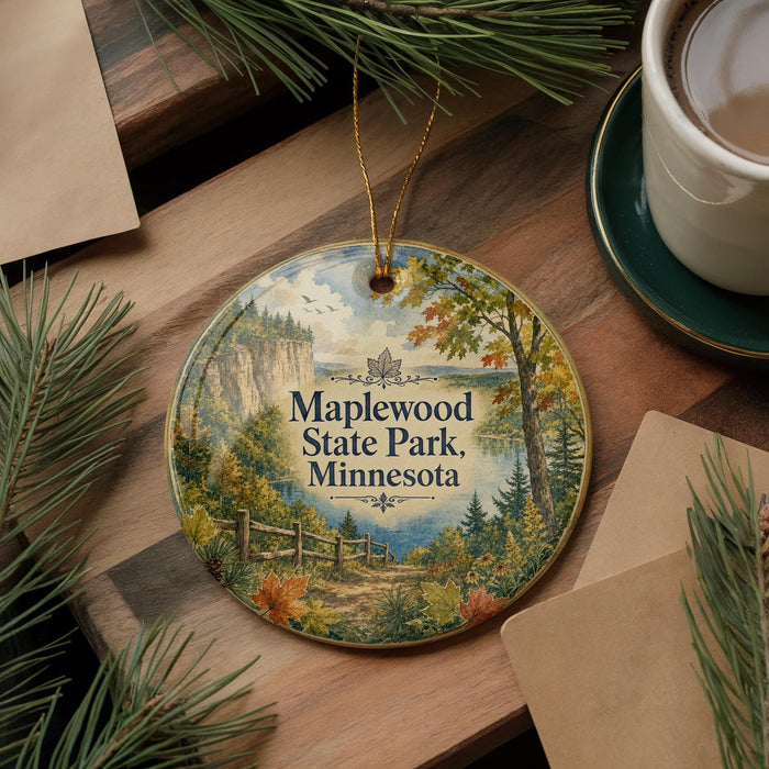A decorative ornament featuring a scenic landscape of Maplewood State Park in Minnesota, with pine trees and a winding path.