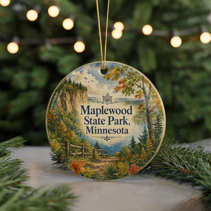 A decorative ornament featuring a scenic landscape with a path, trees, and a cliff, hanging from a string.