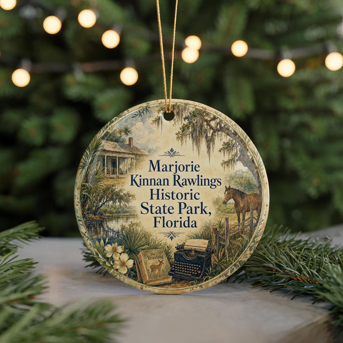 A round ornament with a vintage-style illustration of a historic park, featuring a horse, typewriter, and other elements, hanging from a string.