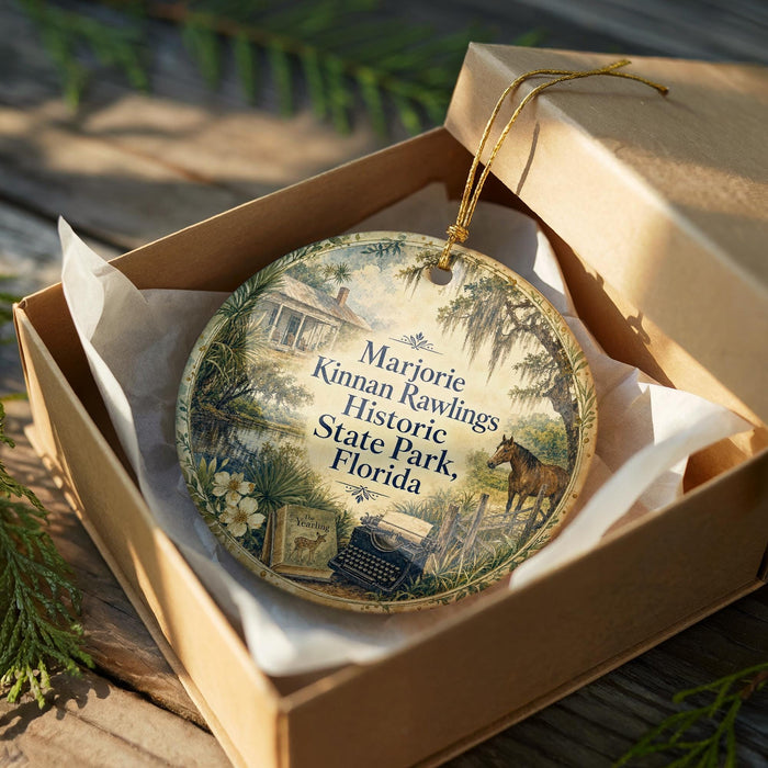 A decorative ornament in a wooden box, featuring a vintage-style illustration of a house surrounded by nature, with the text "Marlorie Kinnan Rawlings Historic State Park, Florida" displayed on it.