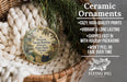 Ceramic ornaments, including a round ornament with a tropical scene, are displayed in a woven basket.