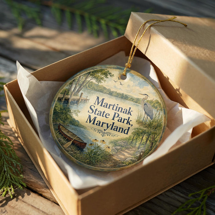 A decorative ornament in a wooden box, featuring a scenic landscape with a lake, boat, and birds, along with the text "Martinak State Park, Maryland".