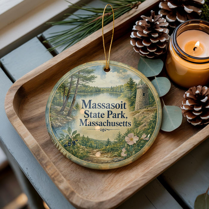 A wooden tray with a decorative ornament featuring a scenic landscape of Massasoit State Park, Massachusetts, and pine cones.