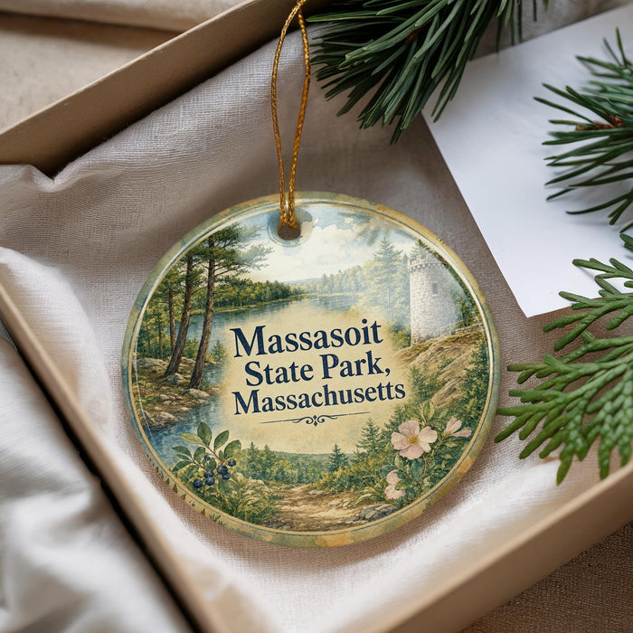 A decorative ornament with a scenic landscape of a lake, trees, and a castle, hanging from a string.
