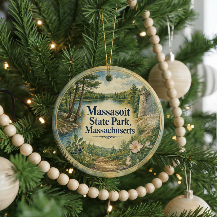 A round ornament hanging on a Christmas tree, featuring a scenic landscape with pine trees, a lake, and a castle.