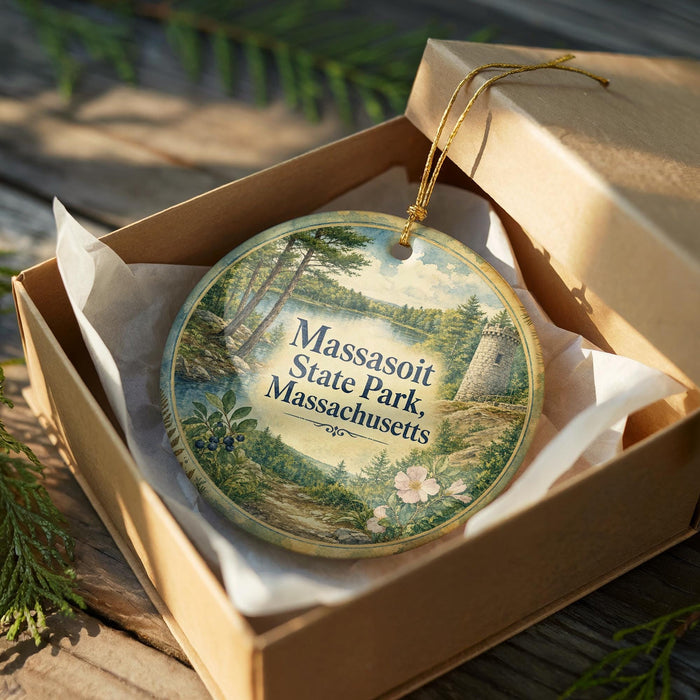 A circular ornament with a scenic landscape of Massasoit State Park, Massachusetts, displayed in a wooden box with a gold string.