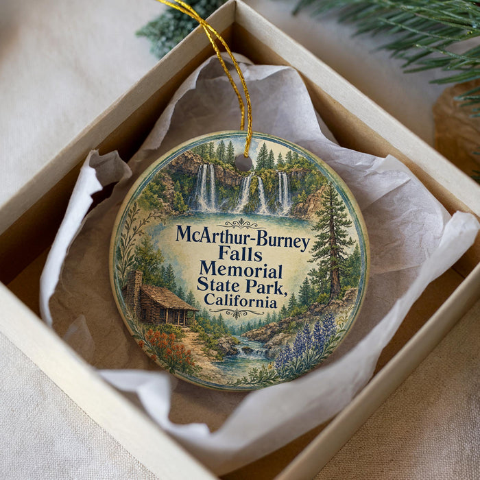 A decorative ornament in a white box, featuring an illustration of a waterfall and a cabin, with the text "McArthur-Burney Falls Memorial State Park, California" printed on it.