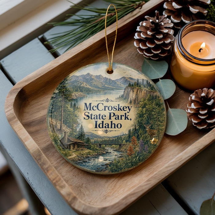 A decorative ornament featuring a scenic landscape of McCrokey State Park, Idaho, with pine cones and a lit candle on a wooden tray.