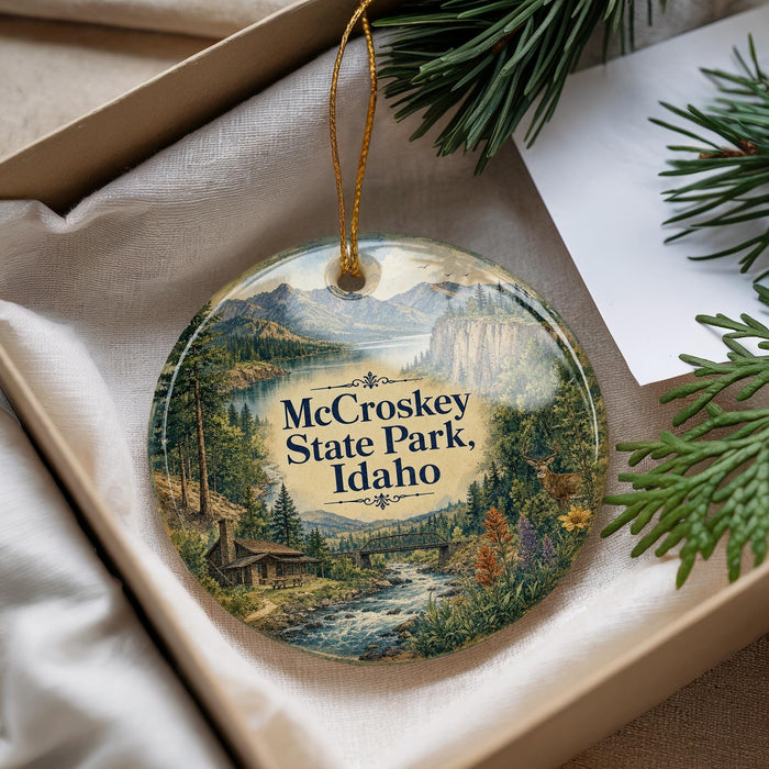 A decorative ornament with a scenic landscape of mountains, trees, and a river, featuring the text "McCroskey State Park, Idaho" on it.
