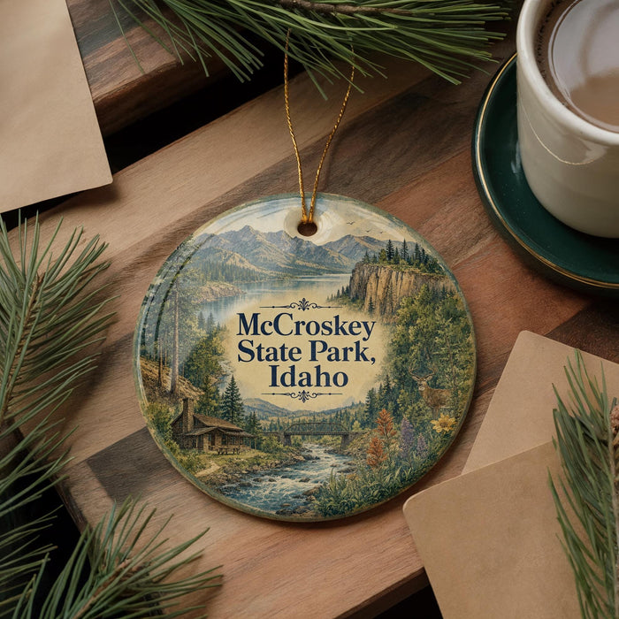 A decorative ornament featuring a scenic landscape of McCrokey State Park, Idaho, with a cabin and a river in the foreground.