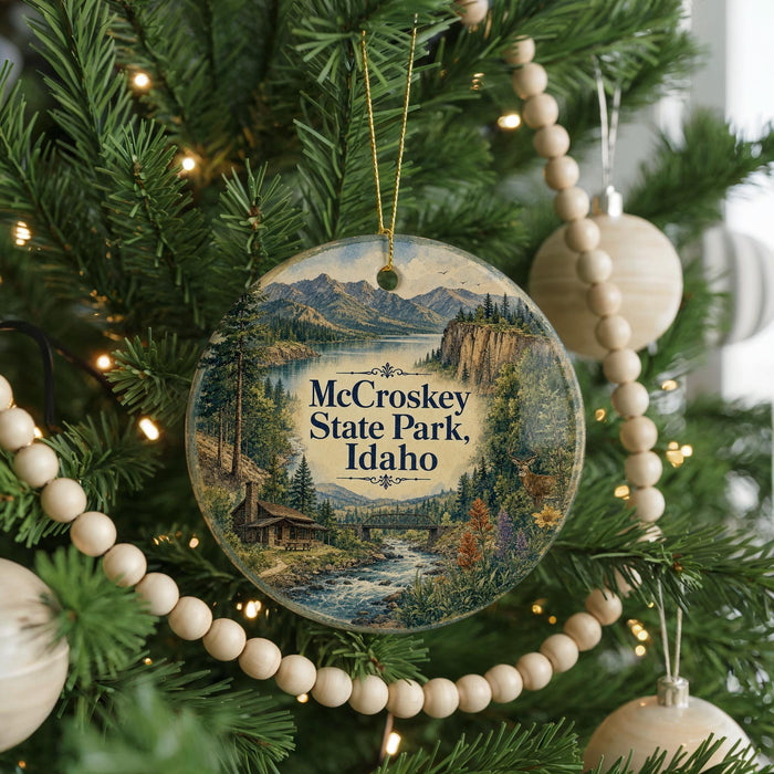 A Christmas tree decorated with ornaments, including a circular ornament with a scenic landscape of mountains and a river.