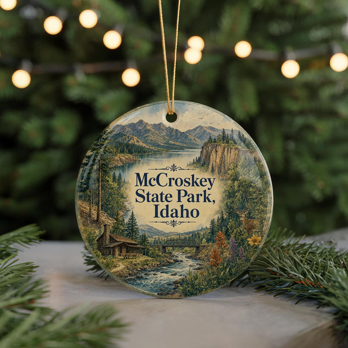 A decorative ornament featuring a scenic landscape of mountains, trees, and a river, with the text "McCroskey State Park, Idaho" prominently displayed.