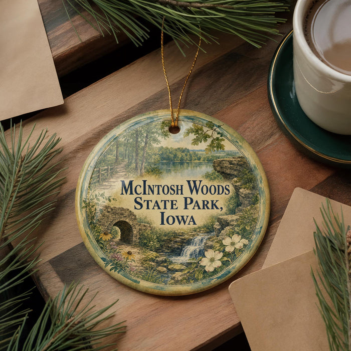 A decorative ornament featuring a scenic landscape with a waterfall, surrounded by pine branches and a cup of coffee on a wooden surface.