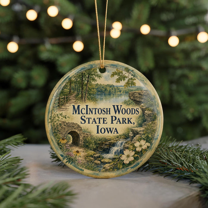 A round ornament with a scenic image of a forest and a lake, surrounded by Christmas lights.
