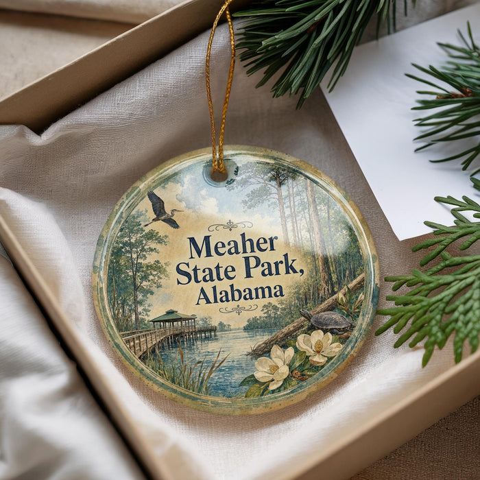 A decorative ornament with the text "Meather State Park, Alabama" and an illustration of a bird, pine tree, and waterway.