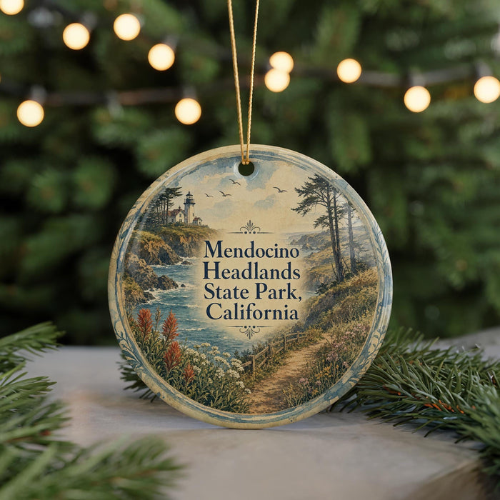 A round ornament with a scenic landscape of Mendocino Headlands State Park, California, featuring a lighthouse, trees, and a winding path.