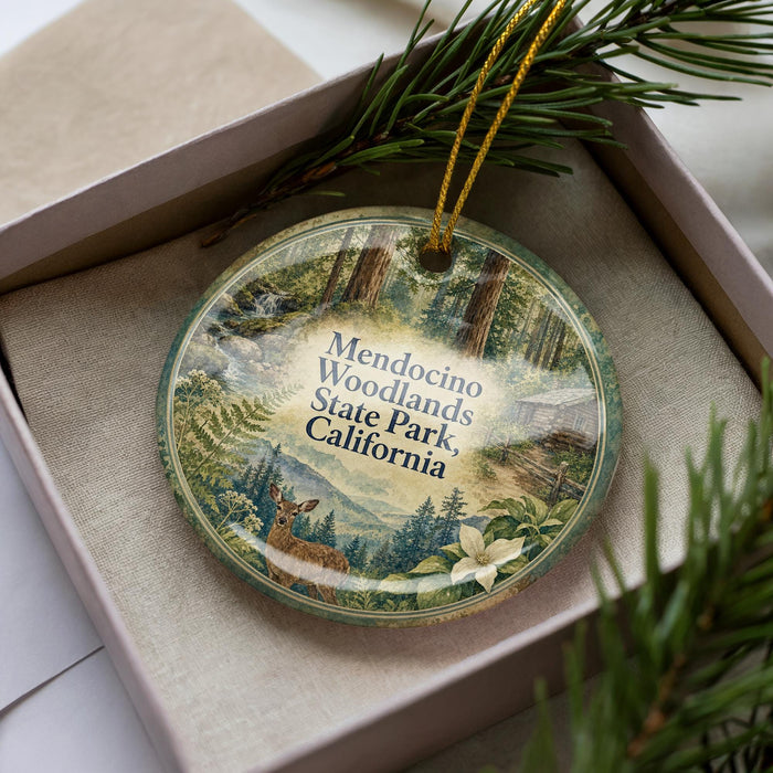 A decorative ornament with a forest scene and a deer, placed in a box with pine branches.