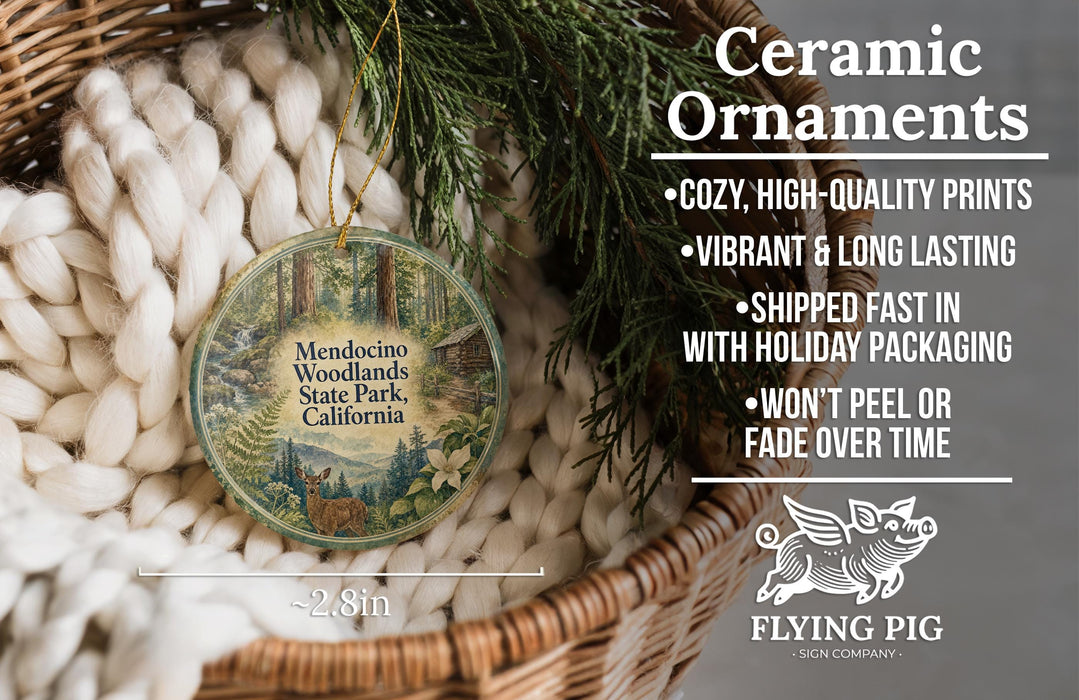 Ceramic ornaments, featuring a forest scene and the text "Mendocino Woodlands State Park, California" and "Flying Pig - SIGN COMPANY".