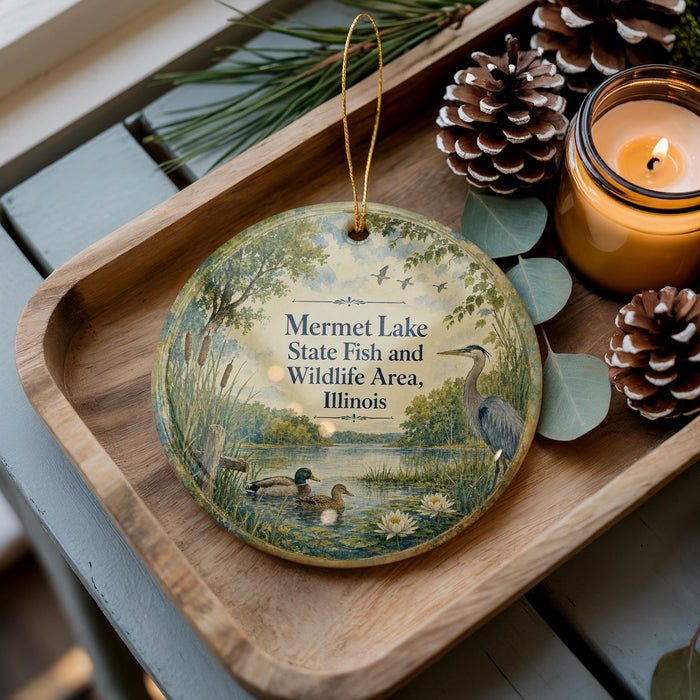 A decorative ornament featuring a serene scene of ducks swimming in a pond, surrounded by lush greenery and pine cones, placed on a wooden tray alongside a lit candle.