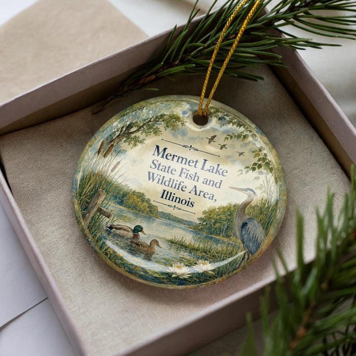A decorative ornament in a box, featuring a serene scene of ducks swimming in a pond surrounded by lush greenery.
