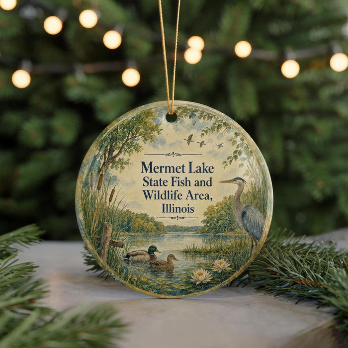 A round ornament with a painting of ducks and a bird in a natural setting, hanging on a string.