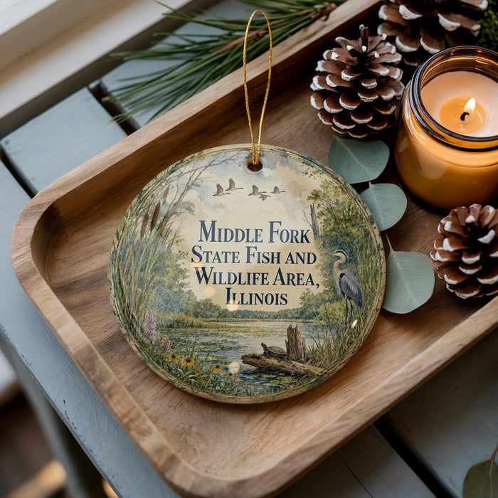 A wooden tray with a decorative ornament featuring a serene landscape of a lake, surrounded by pine cones and a lit candle.