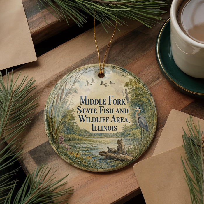 A round ornament with a scenic image of a lake and wildlife, surrounded by pine branches, sits on a wooden surface.