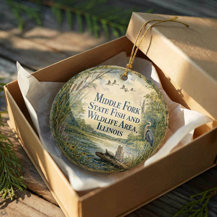 A decorative ornament in a brown box, featuring a scenic landscape with a river, trees, and birds.