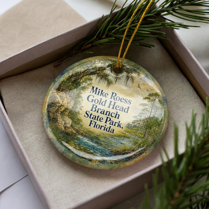 A decorative ornament in a box, featuring a scenic landscape with palm trees and a body of water.