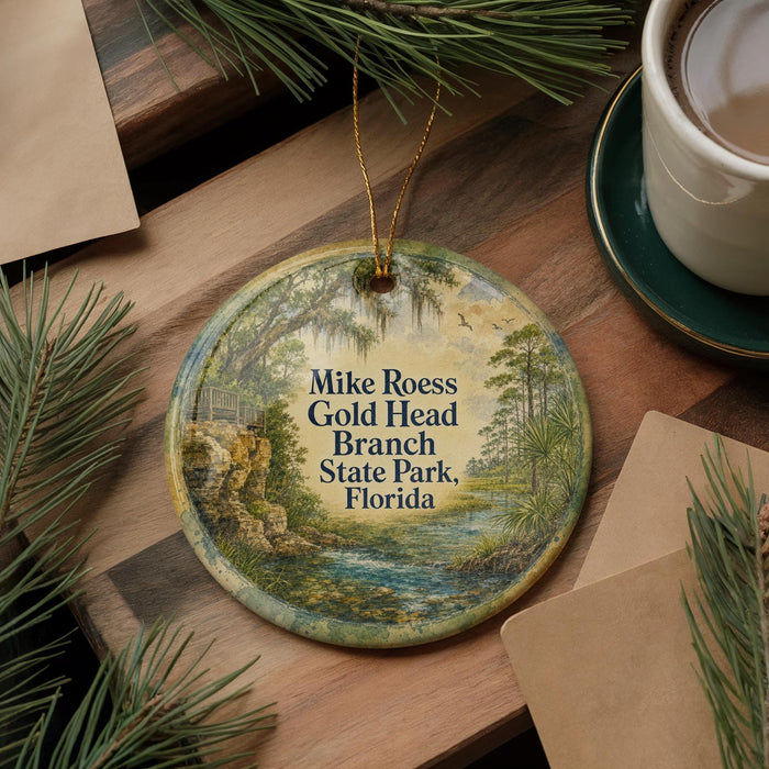 A round ornament with a painting of a forest scene hangs on a wooden surface, accompanied by a cup of coffee and some pine branches.