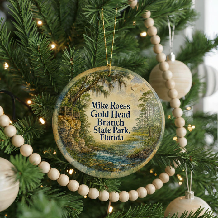 A round ornament hanging on a Christmas tree, featuring a scenic landscape with a river and trees.