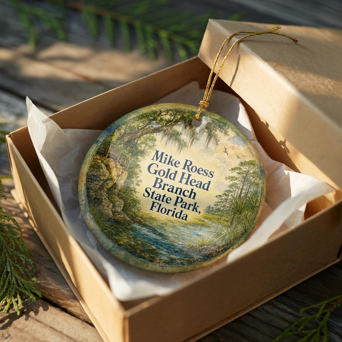 A round ornament in a box, featuring a scenic landscape with a river and trees, with the text "Mike Roess Gold Head Branch State Park, Florida" printed on it.