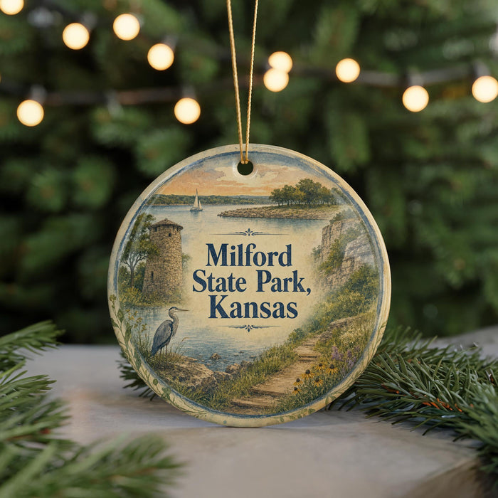 A round ornament with a painting of Milford State Park, Kansas, featuring a lighthouse, a boat, and a bird, hanging on a string.
