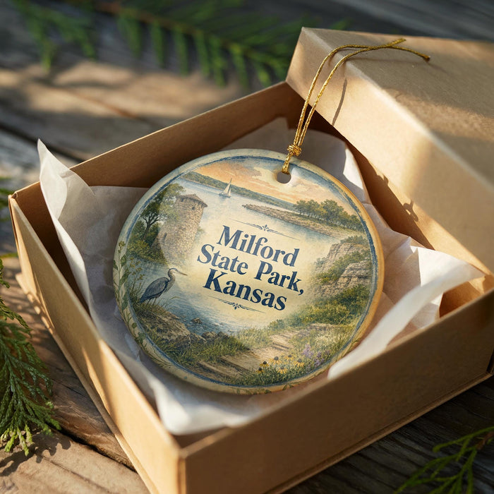 A decorative ornament in a wooden box, featuring a scenic landscape with a lake, mountains, and a bird, is displayed on a wooden surface.