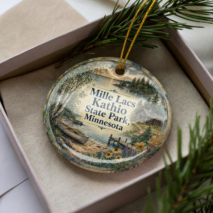 A decorative ornament in a box, featuring a scenic image of a lake surrounded by trees and a cabin, with the text "Mille Lacs, Kathleen State Park, Minnesota" printed on it.