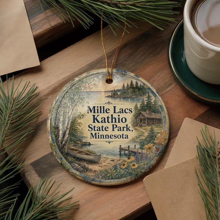 A decorative ornament featuring a scenic image of Lake Lacs, Kathleen State Park, and Minnesota, with pine branches and a cup of coffee nearby.