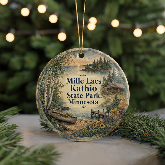 A round ornament with a scenic image of a lake and a cabin, surrounded by pine trees and a string of lights.