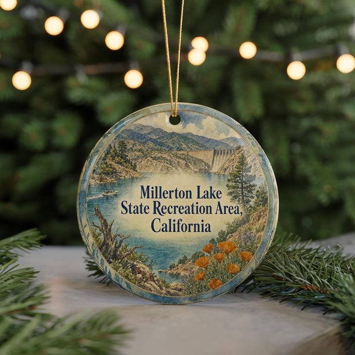 A round ornament with a scenic landscape of Millerton Lake, the State Recreation Area in California, featuring a mountain, lake, and trees.