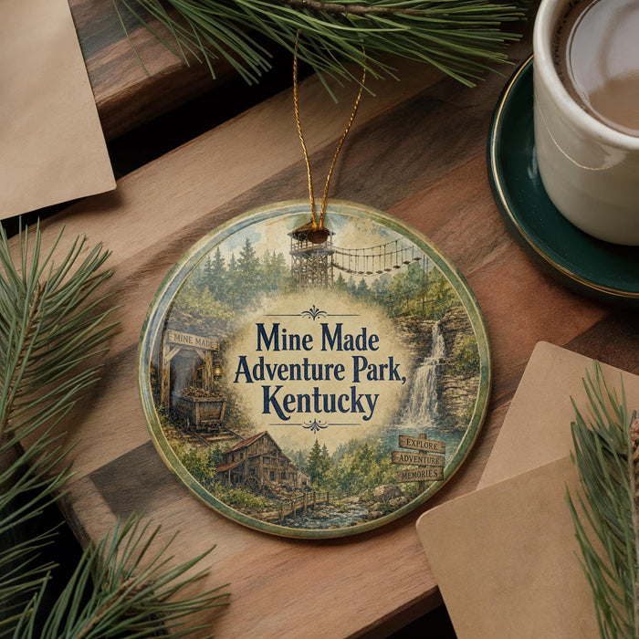 A round ornament with a vintage-style illustration of a mining operation, surrounded by pine branches and a cup of coffee on a wooden surface.