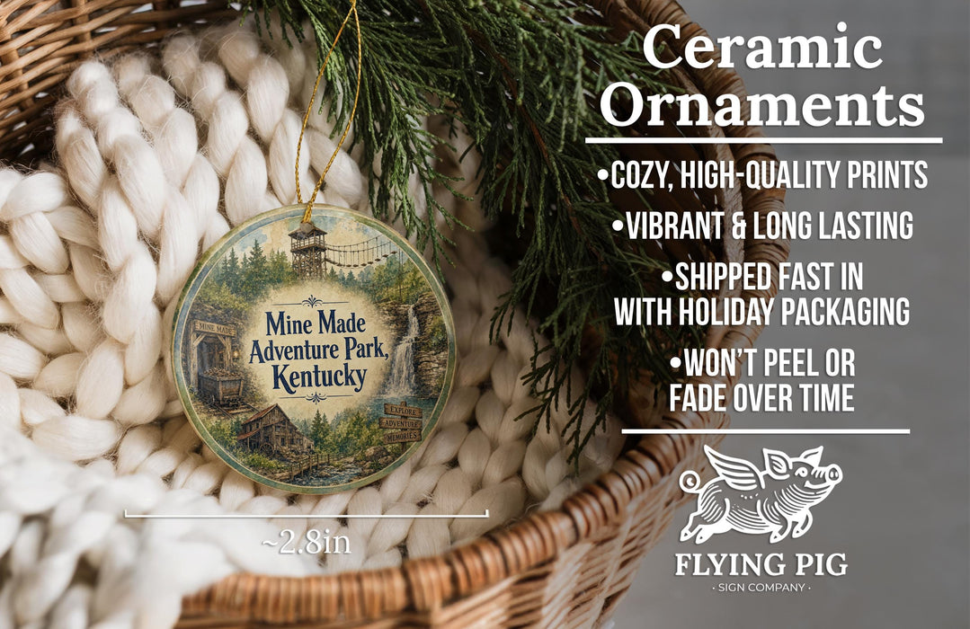 Ceramic ornaments, featuring a detailed illustration of a historic building, are displayed in a wicker basket. The text highlights the ornaments as "Ceramic Ornaments" with a description of their features, including "Cozy, high-quality prints", "Vibrant & long lasting", "Shipped fast in with holiday packaging", and " Won't peel or fade over time". The image also includes a logo for "Flying Pig - SIGN COMPANY".