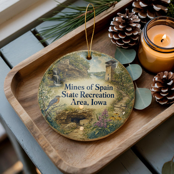A wooden tray with a decorative ornament featuring a scenic landscape, including a waterfall, a tower, and a path, along with pine cones and a lit candle.