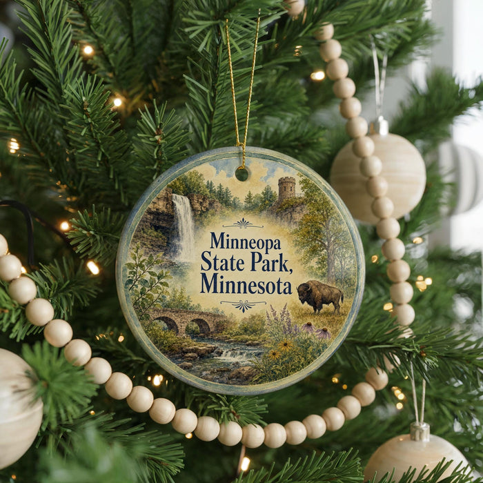 A circular ornament hanging on a Christmas tree, featuring a scenic landscape with a waterfall, a bridge, and a bison in the foreground.