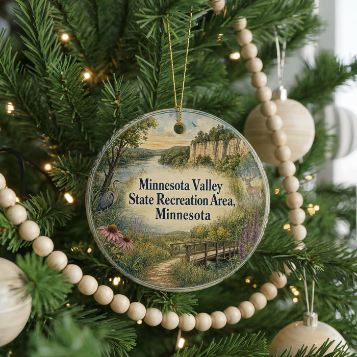 A round ornament hanging on a Christmas tree, featuring a scenic landscape with a path, bridge, and water.