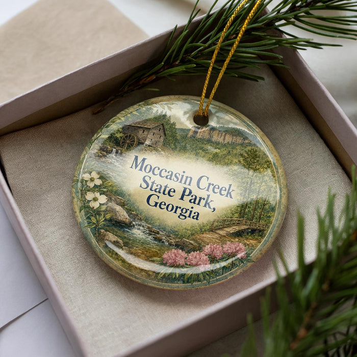 A decorative ornament in a box, featuring a scenic landscape with a river, trees, and a house, along with the text "Mocasin Creek State Park, Georgia".
