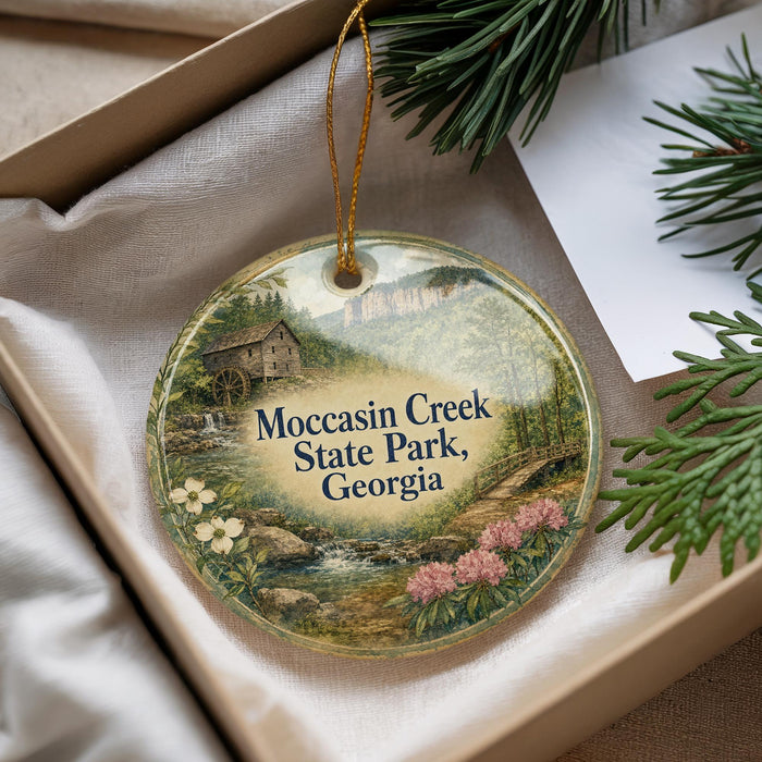 A decorative ornament with a scenic image of Mocasin Creek State Park, Georgia, hanging from a string.
