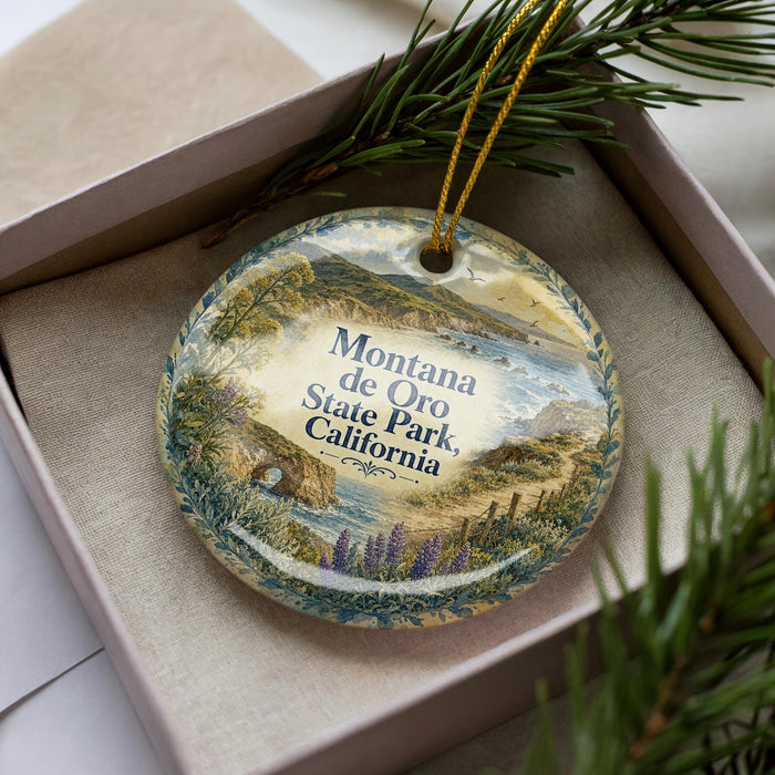A decorative ornament with a landscape scene featuring mountains, trees, and water, displayed in a box with pine branches.
